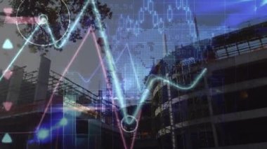 İnşaat alanındaki finansal veri işleme animasyonu. küresel kalkınma, iş, dijital arayüz, teknoloji ve ağ konsepti dijital olarak oluşturulmuş video.