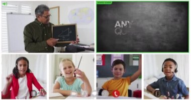 Animasyon video ekranları karatahta ekranları, çeşitli öğretmenler ve çocuklar çevrimiçi ders alıyorlar. küresel iletişim teknolojisi ve çevrimiçi eğitim konsepti, dijital olarak oluşturulmuş video.
