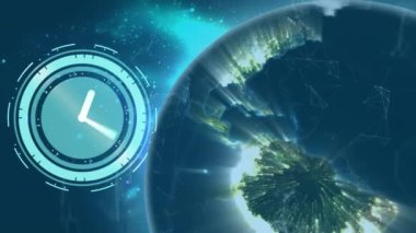 Bağlantılar ve dünya üzerindeki saat animasyonu. küresel teknoloji, dijital arayüz ve bağlantılar konsepti dijital olarak oluşturulmuş video.