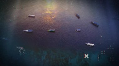 Denizdeki teknelerin üzerindeki işaret ve simge ağının animasyonu. küresel seyahat, bağlantılar, dijital arayüz, teknoloji ve ağ konsepti dijital olarak oluşturulmuş video.