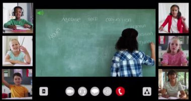 Çevrimiçi derste çeşitli bayan öğretmenler ve altı çocukla video arayüzü. küresel iletişim teknolojisi ve çevrimiçi eğitim konsepti, dijital olarak oluşturulmuş video.