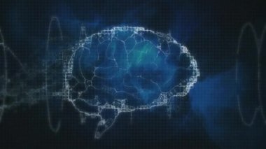 Koyu arkaplanda insan beyni üzerinde mavi çizgilerin canlandırılması. küresel bağlantılar, dijital arayüz, teknoloji ve ağ konsepti dijital olarak oluşturulmuş video.