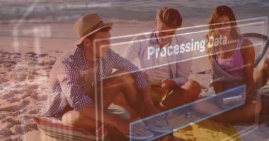 Elektronik aygıtlar kullanılarak plajdaki arkadaşların üzerinde veri işleme animasyonu. 