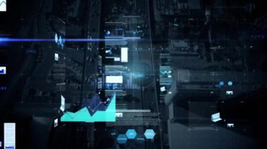 Şehir manzarası üzerindeki veri işleme ve analizinin animasyonu. küresel iş, dijital arayüz, teknoloji ve ağ konsepti dijital olarak oluşturulmuş video.
