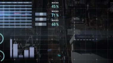 Şehir manzarası üzerinde istatistik ve veri işleme animasyonu. küresel veri işleme, dijital arayüz, teknoloji ve ağ konsepti dijital olarak oluşturulmuş video.