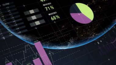 Veri işleme ve dünya üzerindeki istatistiklerin animasyonu. küresel bağlantılar, iş dünyası, dijital arayüz, teknoloji ve ağ konsepti dijital olarak oluşturulmuş video.