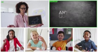 Animasyon video ekranları karatahta ekranları, çeşitli öğretmenler ve çocuklar çevrimiçi ders alıyorlar. küresel iletişim teknolojisi ve çevrimiçi eğitim konsepti, dijital olarak oluşturulmuş video.