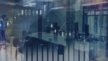 Boş ofis üzerinden veri işleme ve istatistiklerin animasyonu. küresel iş, dijital arayüz, teknoloji ve ağ konsepti dijital olarak oluşturulmuş video.