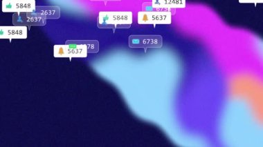 Sosyal medya bildirimlerinin animasyonu, pembe ve mavi şekillerin üzerine düşme, sonra da beyaz. pozitif duygular ve refah sosyal medya konsepti, dijital olarak oluşturulmuş video.