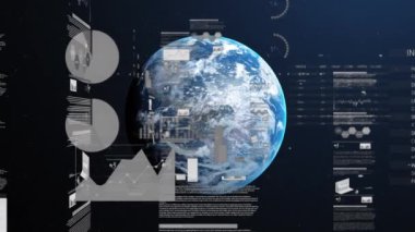 Veri işleme ve dünya üzerindeki istatistiklerin animasyonu. küresel bağlantılar, iş dünyası, dijital arayüz, teknoloji ve ağ konsepti dijital olarak oluşturulmuş video.