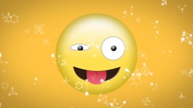 Beyaz ağların düşüşünün animasyonu sarı arka planda sıkışmış dil kırpan emoji. Sosyal medya, kutlama, olay ve iletişim ağı konsepti dijital olarak oluşturulmuş video.