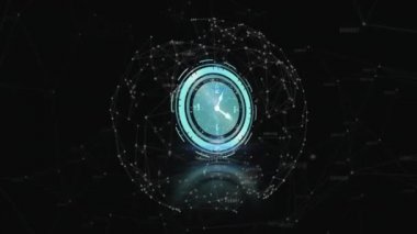 Karanlık arka planda saat üzerinden bağlantı ağının animasyonu. küresel bağlantılar, dijital arayüz, teknoloji ve ağ konsepti dijital olarak oluşturulmuş video.