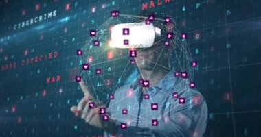 VR kulaklık kullanan iş adamlarının veri ve güvenlik simgelerinin canlandırılması. küresel bağlantılar, iş dünyası, dijital arayüz, teknoloji ve ağ konsepti dijital olarak oluşturulmuş video.