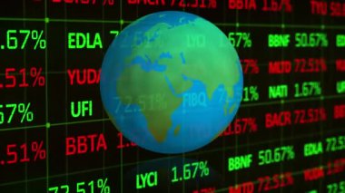 Finansal veri işleme arayüzü üzerinde dönen dünyanın animasyonu. küresel iletişim ve veri paylaşım kavramı, dijital olarak oluşturulmuş video.