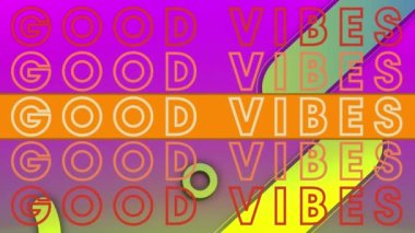 Turuncu metin animasyonu, iyi titreşimler, pembe arka planda renkli şekiller. pozitif duygular ve sosyal medya mesaj konsepti, dijital olarak oluşturulmuş video.