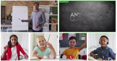 Animasyon video ekranları karatahta ekranları, çeşitli öğretmenler ve çocuklar çevrimiçi ders alıyorlar. küresel iletişim teknolojisi ve çevrimiçi eğitim konsepti, dijital olarak oluşturulmuş video.