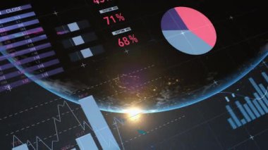 Veri işleme ve dünya üzerindeki istatistiklerin animasyonu. küresel bağlantılar, iş dünyası, dijital arayüz, teknoloji ve ağ konsepti dijital olarak oluşturulmuş video.