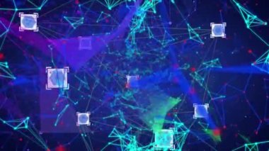 Mavi arkaplan üzerinde işlemci simgeleriyle bağlantı ağlarının animasyonu. küresel eğitim, dijital arayüz, teknoloji ve ağ konsepti dijital olarak oluşturulmuş video.