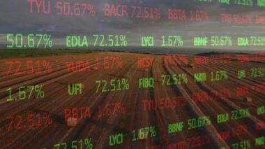 Tarım alanındaki finansal veri işleme animasyonunun birleşimi. küresel tarım, işletme, dijital arayüz, teknoloji ve ağ konsepti dijital olarak oluşturulmuş video.