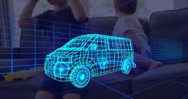 Üç boyutlu teknik karavan animasyonu, evdeki VR kulaklık takan çocuğun üzerinde. teknoloji, tasarım ve dijital arayüz kavramı dijital olarak oluşturulmuş video.