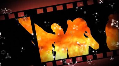 Kadınların dans ettiği klasik film animasyonu ve alevler içinde müzik konseri. küresel müzik, eğlence ve dijital arayüz kavramı dijital olarak oluşturulmuş video.