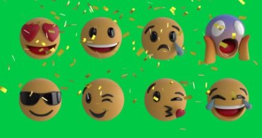 Yeşil arka planda emoji simgelerinin üzerine düşen konfeti animasyonu. küresel sosyal medya, dijital arayüz, teknoloji ve ağ konsepti dijital olarak oluşturulmuş video.