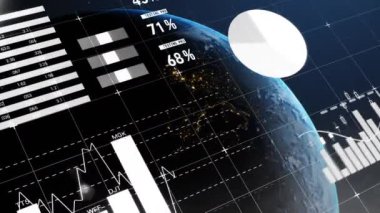 Veri işleme ve dünya üzerindeki istatistiklerin animasyonu. küresel bağlantılar, iş dünyası, dijital arayüz, teknoloji ve ağ konsepti dijital olarak oluşturulmuş video. Bu görüntünün elementleri NASA tarafından desteklenmektedir