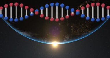 Dünya üzerinde dönen DNA iplikçiklerinin animasyonu. küresel bilim, dijital arayüz, teknoloji ve ağ konsepti dijital olarak oluşturulmuş video.