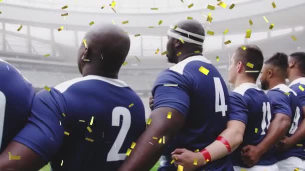 Animation Von Verbindungsnetzen Über Rugbyspieler Globaler Sport Technologie Digitale Schnittstelle — Stockvideo
