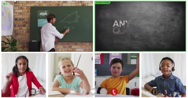オンラインレッスンを受けている黒板や多様な先生や子供たちのビデオ通話画面のアニメーション 世界的な通信技術とオンライン教育の概念デジタルで生成されたビデオ — ストック動画