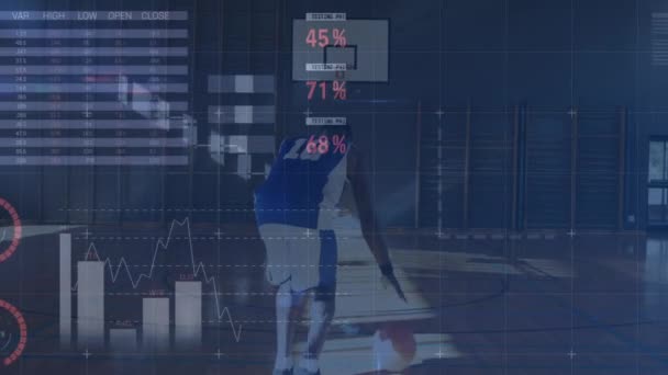 Анимация Обработки Данных Над Баскетболистами Глобальный Спорт Цифровой Интерфейс Технологии — стоковое видео