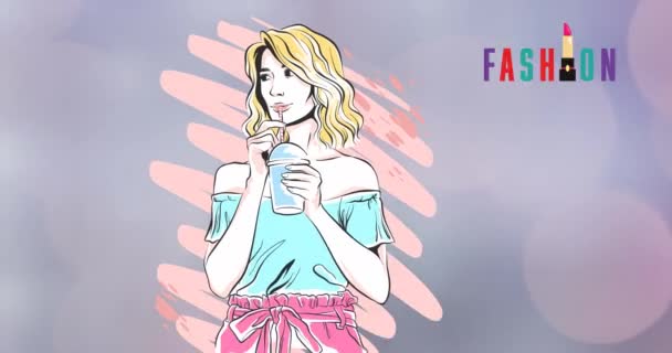 Mavi Arka Planda Moda Metniyle Milkshake Içen Kadın Animasyonu Tatil — Stok video