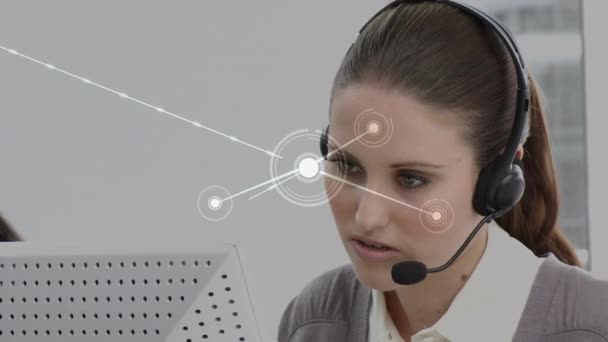 Animation Network Connections Business Woman Using Phone Headsets Global Connections — Stock Video