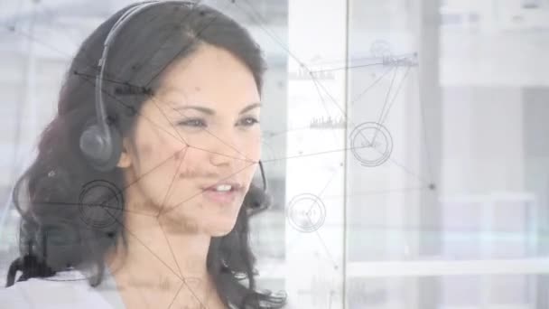 Animation Von Verbindungsnetzen Statistik Über Geschäftsfrau Mit Kopfhörern Globale Verbindungen — Stockvideo
