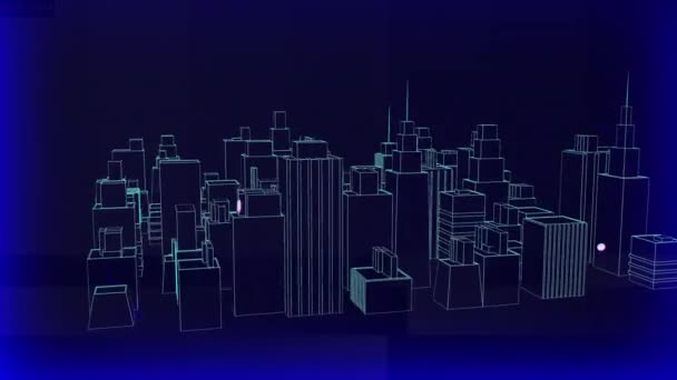 蓝色背景下旋转城市景观的动画 全球建筑 数据处理 数字接口 技术和网络概念 — 图库视频影像