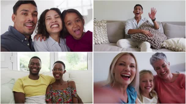 사람들 비디오 통화를 미소짓는 화면으로 구성되어 있습니다 친구들 가족들 인터넷 — 비디오