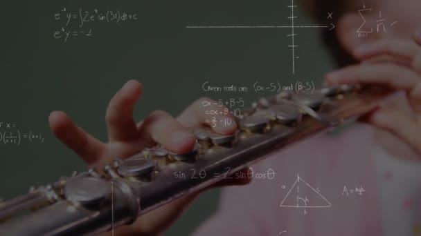 Animace Matematických Vzorců Nad Dívkou Hrát Flétnu Globální Line Vzdělávání — Stock video