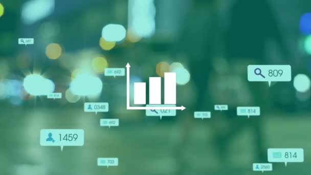 Animazione Icone Dei Social Media Statistiche Luci Della Città Connessioni — Video Stock