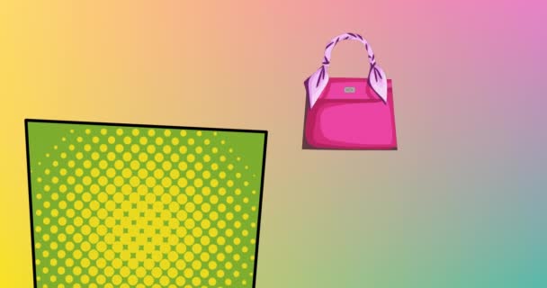 Animation Der Handtasche Auf Buntem Hintergrund Mode Und Beauty Accessoires — Stockvideo