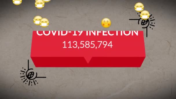 Animacja Tekstu Covid Infekcji Rosnącej Liczby Emojis Nad Płonącym Dokumentem — Wideo stockowe