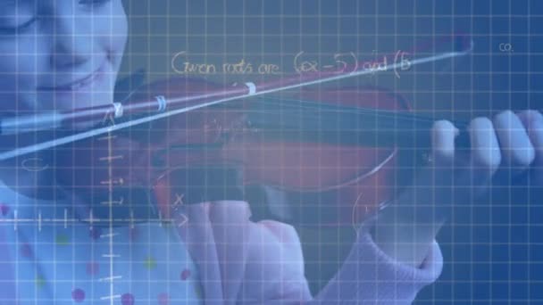 Animación Fórmulas Matemáticas Sobre Chica Tocando Violín Educación Línea Global — Vídeos de Stock