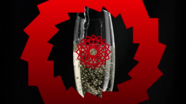 Анимация Красных Кругов Вращающихся Над Бокалом Шампанского Черном Фоне Празднование — стоковое видео