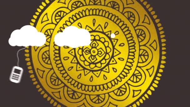Animación Nubes Iconos Digitales Sobre Mandala Amarillo Gráfico Comunicación Global — Vídeo de stock
