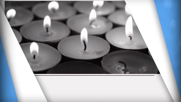 Анимация Синих Белых Панелей Открывающих Зажженные Свечи Празднование Традиция Концепции — стоковое видео