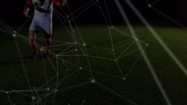 Animación Redes Conexiones Sobre Futbolista Deportes Globales Tecnología Interfaz Digital — Vídeos de Stock