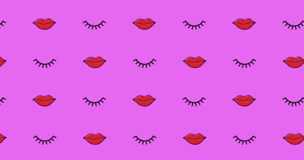 ピンクの背景に唇やまつ毛のアニメーション ファッション ビューティーアクセサリー背景パターンコンセプトデジタルアニメーション — ストック動画
