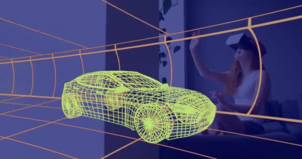 Анімація Технічного Креслення Автомобіля Над Жінкою Вдома Гарнітурі Технологія Дизайн — стокове відео