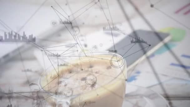 Animatie Van Het Netwerk Van Verbindingen Statistieken Kopje Koffie Wereldwijde — Stockvideo