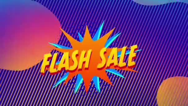 Animation Text Flash Sale Explosion Orange Shapes Blue Striped Background — Stock Video