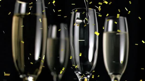 Animation Gold Confetti Falling Glasses Champagne Black Background Celebration New — Stock Video